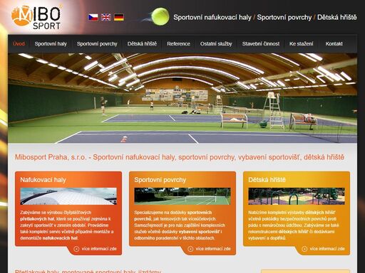 nabízíme nafukovací přetlakové haly, montované sportovní haly, sportovní tenisové povrchy a dětská hřiště.