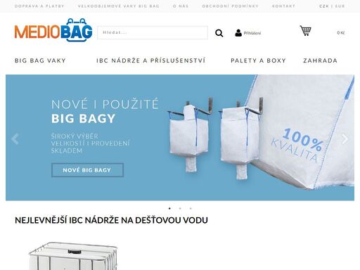 mediobag.cz je český eshop s velkoobjemovými vaky bigbag. skladem máme velké množství nových i použitých vaků big bag připravených k odběru. dále nabízíme nové i použité ibc nádrže v kovové kleci na 1000l, veškeré ibc příslušenství (redukce, kohouty, propojení, víčka, adaptéry apod), sudy, kanystry a dřevěné a plastové palety.