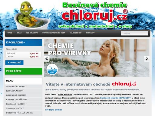 prodej špičkové chlorové i bezchlorové bazénové chemie neptunis vyrobené v české republice, solárních a krycích plachet, píseků do filtrace, mořské soli...