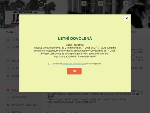 antikvariát. prodej a nákup knih českých i cizojazyčných, pohlednic, drobné grafiky, map a gramodesek.