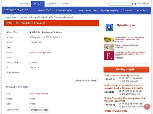 kontakty, adresa, telefon, fax, ičo, datová schránka, e-mail, www, úřední hodiny, volná místa, odbory, podřízené úřady, agendy
