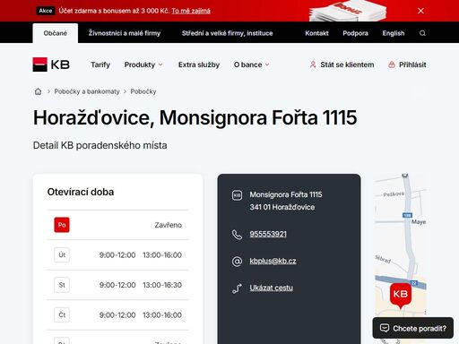 seznam a vyhledávání poboček a bankomatů komerční banky.