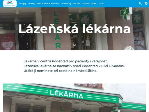 lékárna v centru poděbrad pro pacienty i veřejnost. 
 lázeňská lékárna se nachází v srdci poděbrad v ulici divadelní. určitě ji neminete při cestě na náměstí jiřího.