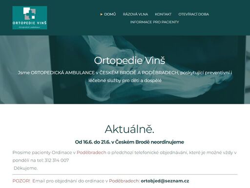 ortopedická ambulance mudr. vins – odborná diagnostika a léčba pohybového aparátu. specializujeme se na sportovní medicínu, rehabilitaci a prevenci ortopedických potíží. individuální přístup, moderní metody léčby a profesionální péče. navštivte nás v přívětivém prostředí na www.ortopedievins.cz.