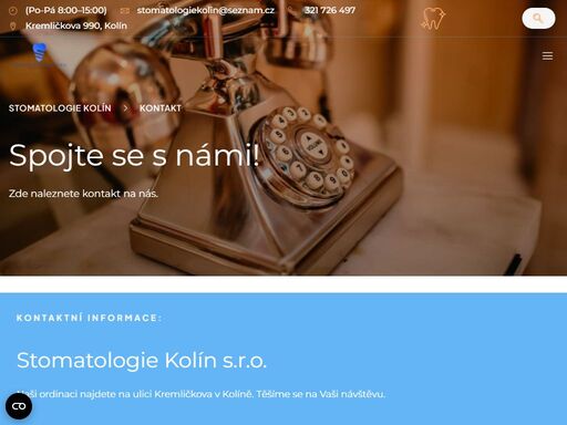 (po-pá 8:00–15:00) stomatologiekolin@seznam.cz 321 726 497 kremličkova 990, kolín objednat online stomatologie kolín kontakt zde naleznete kontakt na nás.