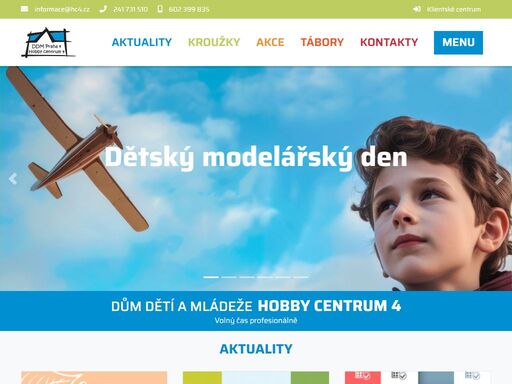 dům dětí a mládeže praha 4 – hobby centrum 4 je příspěvková organizace, která nabízí široký výběr činností a možností aktivního trávení volného času pod vedením profesionálních lektorů. sport, technika, umění, tanec, hudba, výuka jazyků, keramika, výtvarný ateliér a nahrávací studio v centru volného času pro děti, mládež i dospělé.
zájmové kroužky, tábory, poznávací zájezdy, výlety, aktivity, soutěže, kurzy, akce, přednášky a školení.
zajišťujeme provoz sportovních zařízení a relaxačního areálu vltavanů 229, lezeckých stěn, učeben a pracovních dílen projektu polytechnická hnízda, pc učebny s možností pronájmu, turistické ubytovny skupin, fitness centra a 4 center předškolních dětí s denním režimem.
studijní středisko virtuální univerzity 3. věku a regionální zastoupení projektu mezinárodní cena vévody z edinburghu (dofe). zřizovatelem je hlavní město praha.