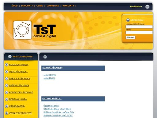 nabízíme koaxiální kabely a audiovideo příslušenství, anténní a satelitní techniku, utp a ftp datové kabely, spec. kabely pro ezs, eps a telekomunikace, telefonní kabely, dvojlinky, účastnické šňůry, konektory, spojky, redukce, adaptéry, zdroje.