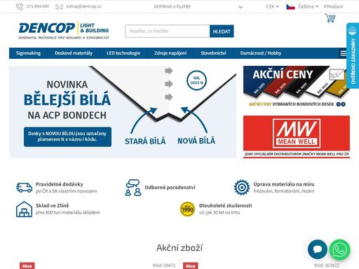 eshop dencop nabízí kompletní sortiment pro světelnou a vizuální reklamu, stavebnictví a design. led moduly, plexisklo, pvc a kompozitní desky skladem.