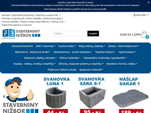 navštivte stavebniny nižbor a vybírejte z více než 12 000 druhů stavebního materiálu. nabízíme písek, štěrk, betonové směsi, cihly, tvárnice, sádrokarton a další. zajišťujeme rychlou dopravu po celém regionu.