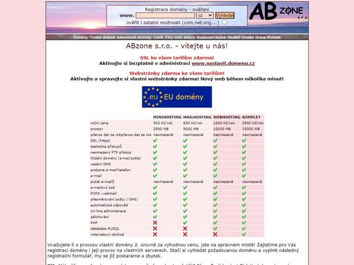 vyhledávání a registrace domén, zajištění hostingu a e-mailů u registrované domény.možnost přesunu domény od jiného poskytovatele.
