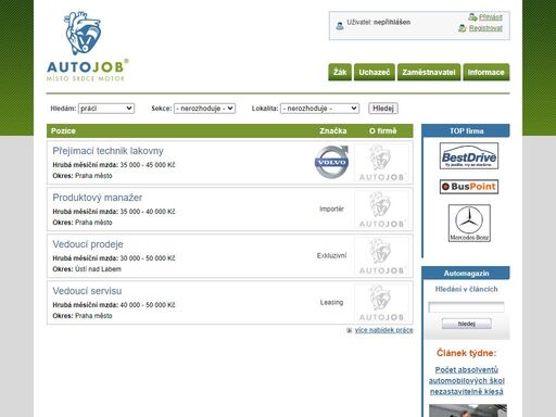 zajímáte se o auto-moto a hledáte skutečně dobrou práci v autodopravě či automobilovém průmyslu? na stránkách autojob.cz najdete ucelený přehled volných míst v autodopravě a automobilovém průmyslu v rámci celé čr. mezi nejžádanější pozice patří automechanik, řidič mkd, dispečer, logistik a dealer.
