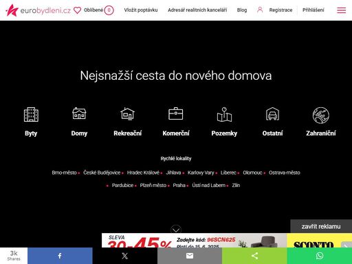 navštivte portál eurobydlení a objevte s námi tu nejsnazší cestu do vašeho nového domova ?. prohlédněte si pestrou nabídku různých druhů nemovitostí ve vašem okolí a nechte si nové nabídky zasílat na e-mail, ať vám ta nejlepší neuteče ?. vyhledávejte nemovitosti na celém území české republiky i v zahraničí.
