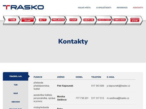 přehledné informace o sídle a kontaktech na střediska, divize a pracovníky společnosti trasko.
