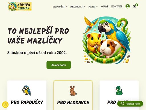 jsme rodinná firma, která miluje zvířata stejně jako vy. už od roku 2002 vybíráme to nejlepší krmivo pro papoušky, hady i hlodavce.