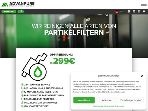 dieselpartikelfilter reinigen mit dem advanpure dpf-reinigungsverfahren für rußfilter ? kostengünstig & schnell ? optimierter spritverbrauch ? jetzt anfragen!