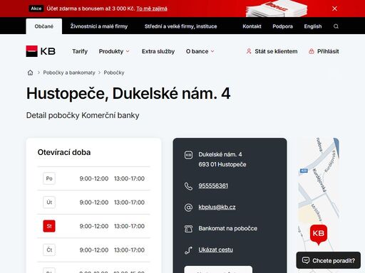 seznam a vyhledávání poboček a bankomatů komerční banky.