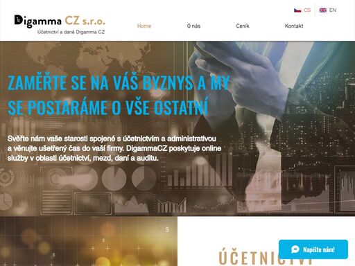 zaměřte se na váš byznys a my se postaráme o vše ostatní.
digammacz poskytuje online služby v oblasti účetnictví, mezd, daní a auditu.
