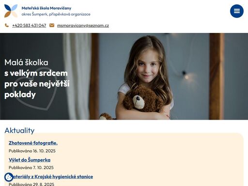 mateřská škola v klidné části obce nabízí péči, hru i vzdělávání v přátelském prostředí se zahradou a vlastní kuchyní.