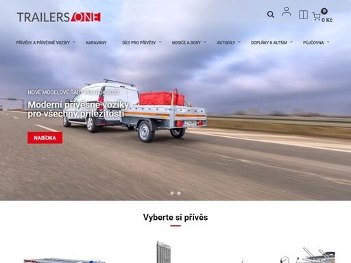 široká nabídka přívěsů, přívěsných vozíků, a přepravníků automobilů, motorek, lodí a karavanů za auta a užitkové vozy.