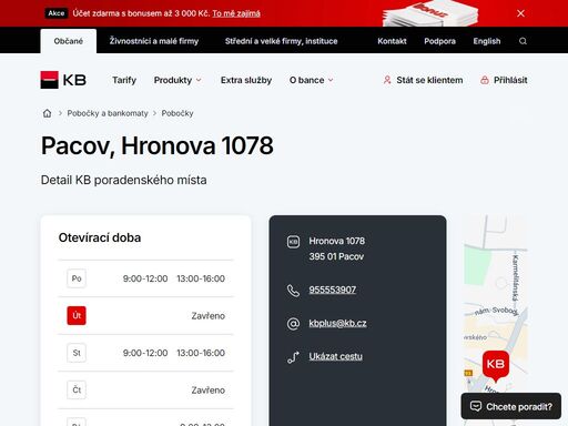 seznam a vyhledávání poboček a bankomatů komerční banky.