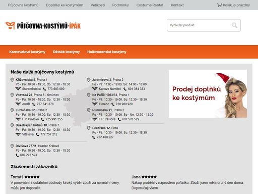půjčovna kostýmů praha nabízí velký výběr karnevalových a maškarních kostýmů od 250kč za den. nabízíme kostýmy a masky pro děti i dospělé a také sexy kostýmy. u nás najdete také karnevalové doplňky.