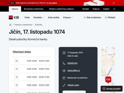 seznam a vyhledávání poboček a bankomatů komerční banky.
