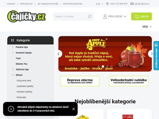 čajíčky.cz jsou specializovaným obchodem s nabídkou vybraných horkých nápojů. naší dominantou jsou luxusní horké čokolády antico eremo, moretto, instatní nápoje hot apple. najdete u nás také pečené čaje značek madami, notea, staročeské novoměstské čaje a babiččin ovocný čaj. dále kořením provoněný chai čaj a chatte.…