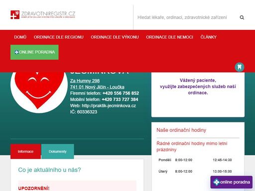mudr. ingrid ječmínková. ordinace praktické lékařky pro dospělé, nový jičín - loučka.
