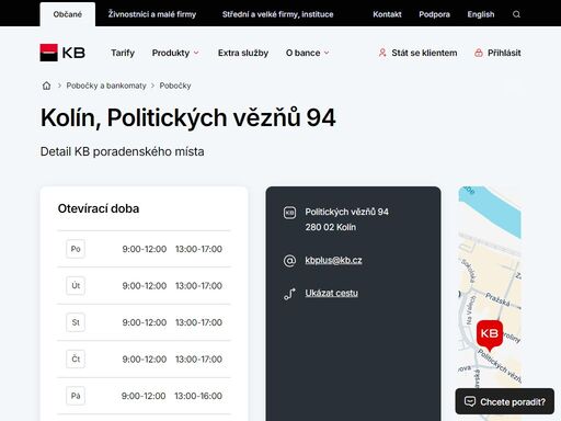 seznam a vyhledávání poboček a bankomatů komerční banky.