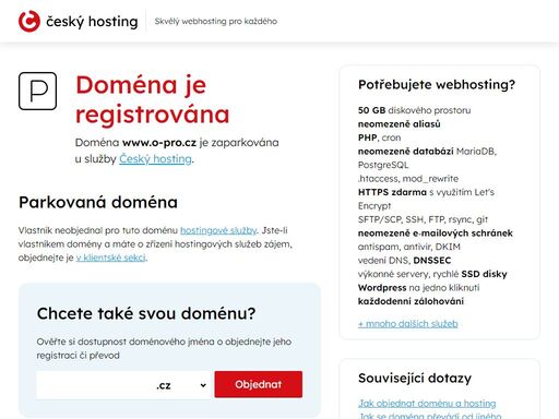 doména www.o-pro.cz je parkována u služby český hosting. vlastník k doméně neobjednal hostingové služby.