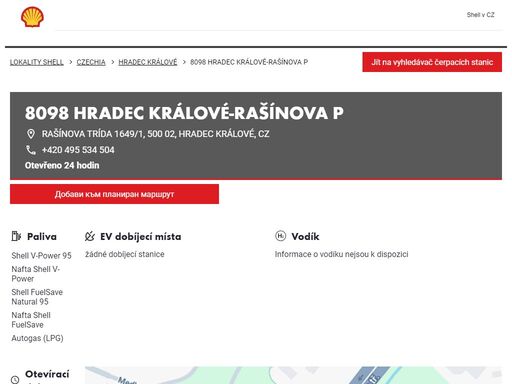 8098 hradec králové-rašínova p je čerpací stanice v oblasti hradec králové. tato stanice zahrnuje prodejna a toalety.