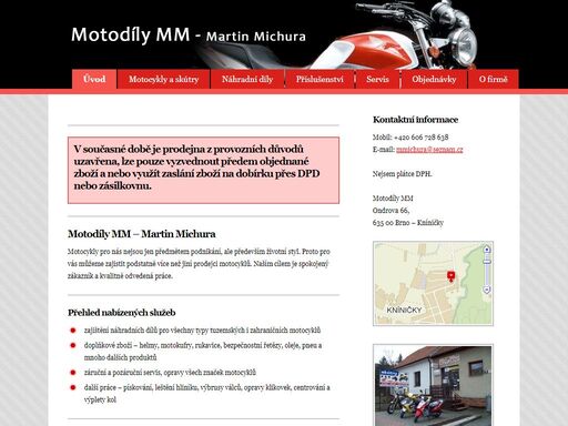 motodíly mm - martin michura. prodej značkových motocyklů, skútrů, náhradních dílů a příslušenství. brno - kníničky.
