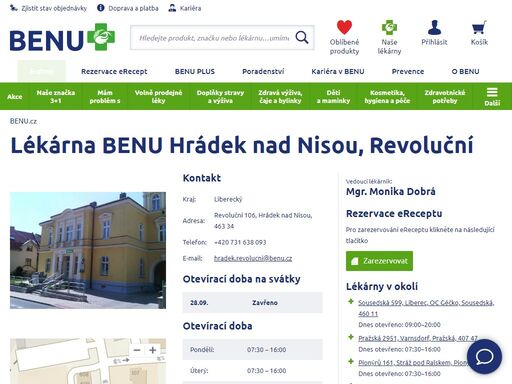 ?navštivte lékárnu na ulici revoluční 106. zkušený personál vám je k dispozici každý všední den 8:00 - 16:00. přijďte se poradit nebo vyzvednou svá léčiva.?