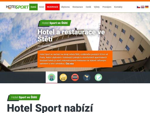 hotel sport štětí, nabízí ubytování hotelového i hostelového typu, restauraci 