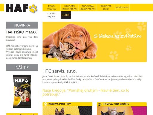 společnost htc servis je prodejcem vlastní značky krmiv pro psy a kočky haf & mňau.