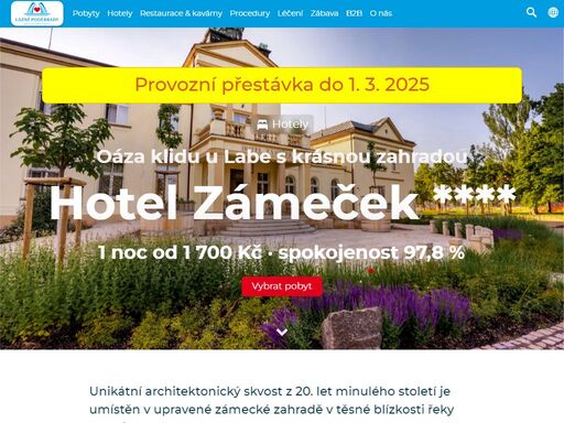 unikátní architektonický skvost z 20. let minulého století je umístěn v upravené zámecké zahradě v těsné blízkosti řeky labe i centra poděbrad. 
 zde naleznete vše pod jednou střechou, ubytování, restauraci i procedury.